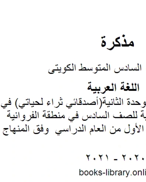 الثروة اللغوية للوحدة الثانية أصدقائي ثراء لحياتي في مادة اللغة العربية للصف السادس في منطقة الفروانية التعليمية للفصل الأول من العام الدراسي وفق المنهاج الكويتي الحديث