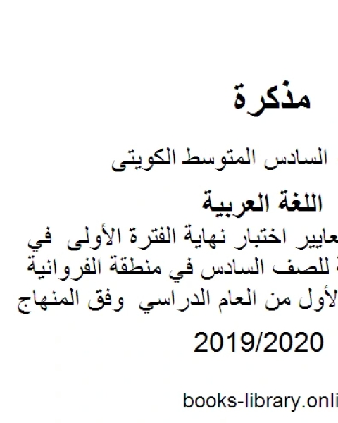 مراجعة شاملة لمعايير اختبار نهاية الفترة الأولى في مادة اللغة العربية للصف السادس في منطقة الفروانية التعليمية للفصل الأول من العام الدراسي وفق المنهاج الكويتي الحديث